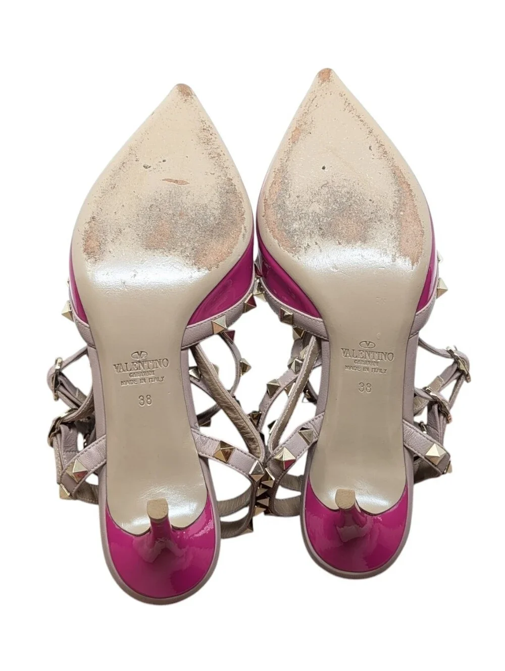Valentino Garavani Pink Gold Rockstud Cage Gladiator Pointed Toe Pump Size EU 38